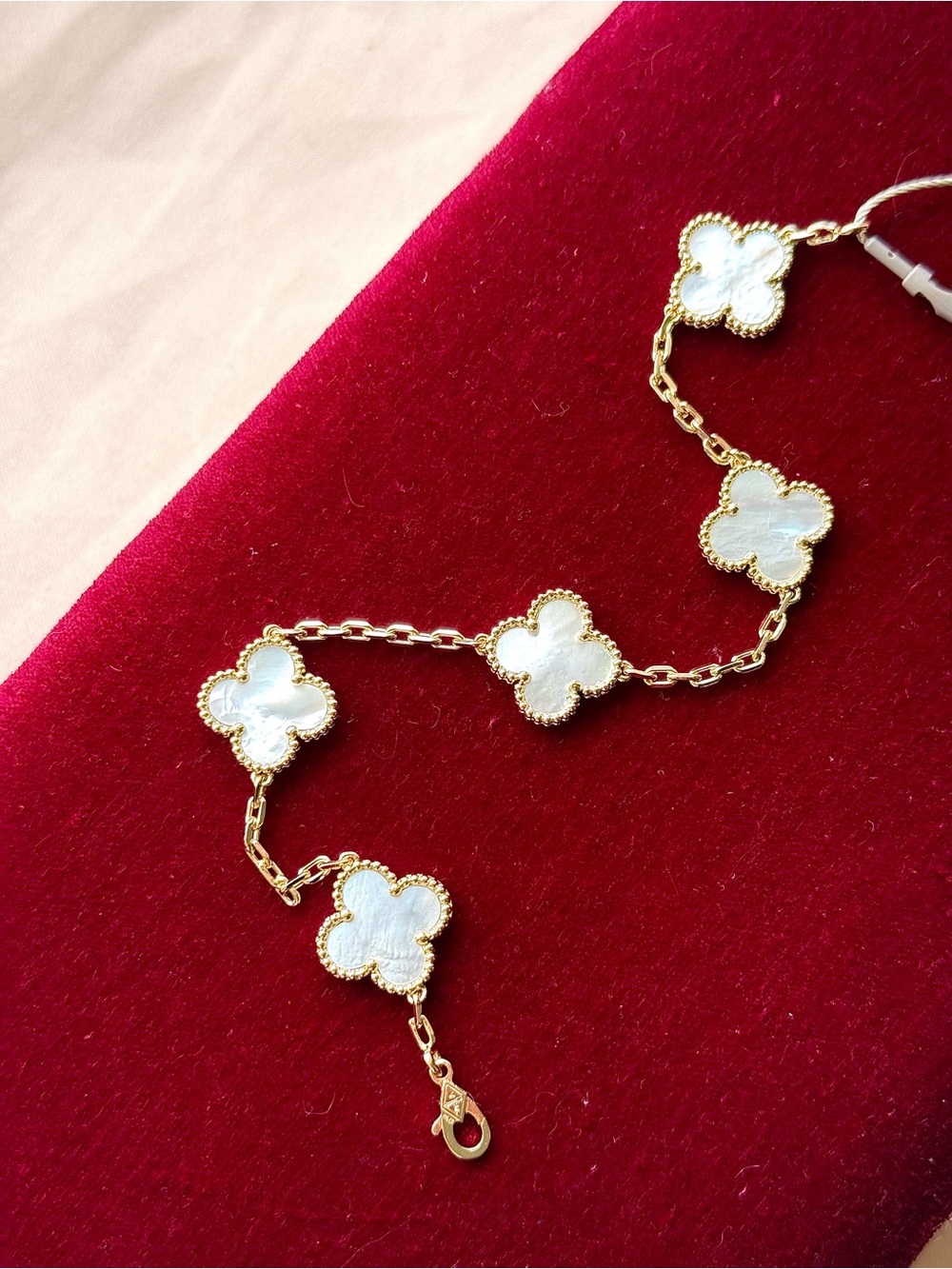 Gold-Tone White Mother of Pearl Clover Bracelet | Natural Shell
